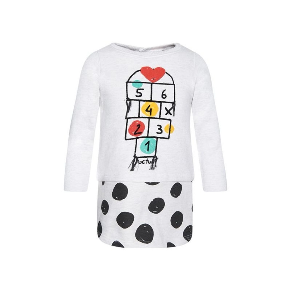 White and Black Casual Fleece Dress with Polka Dots